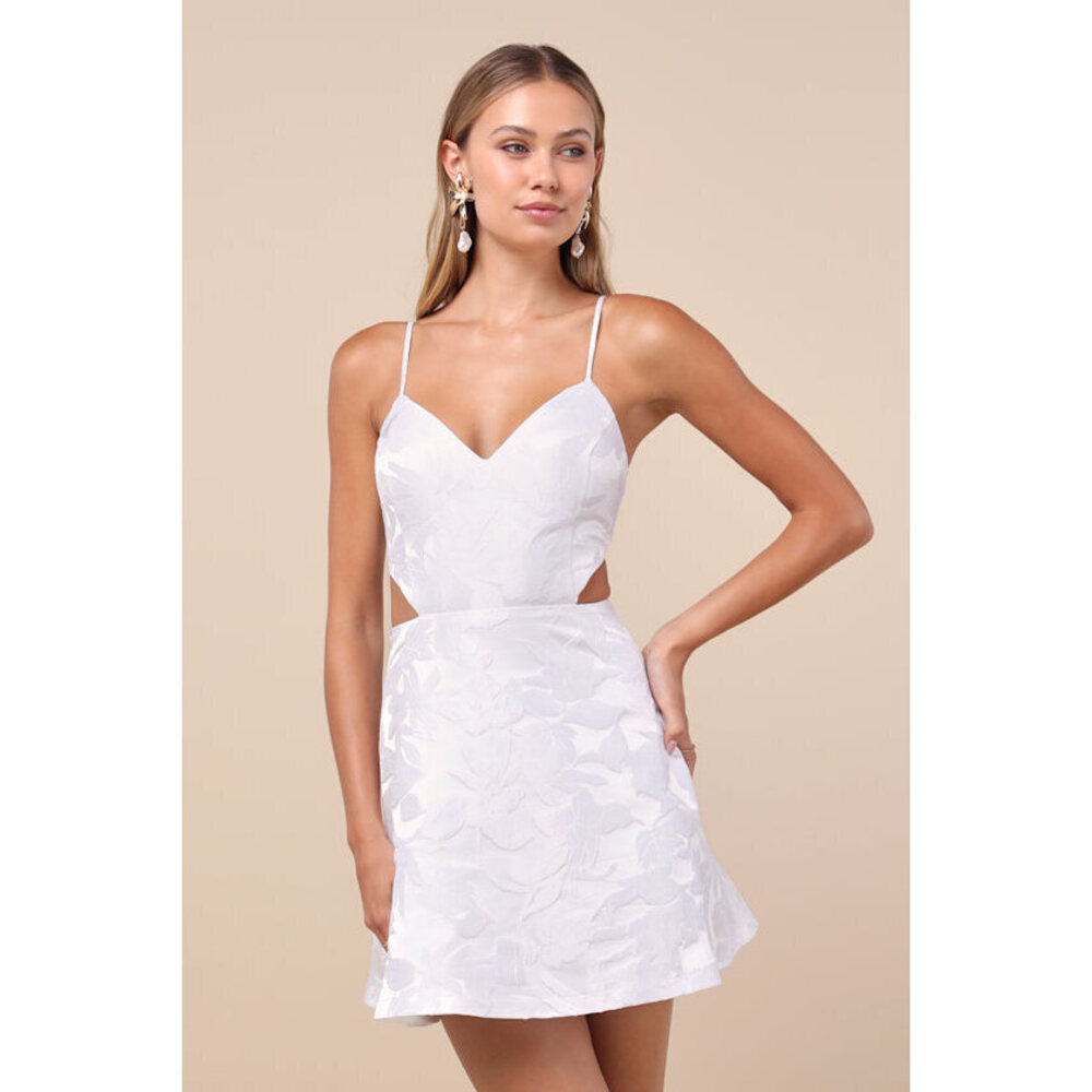 Lulus Pristinely Pretty White Jacquard Cutout Bow Mini Dress - Size M
